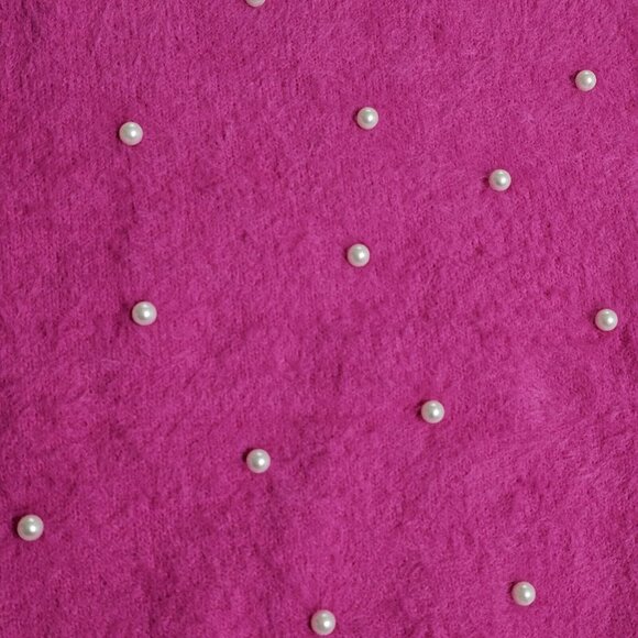 NWT Nanette Lepore Sweater Fuzzy Bright Pink Faux Pearl Womens M Embellished - Picture 4 of 7